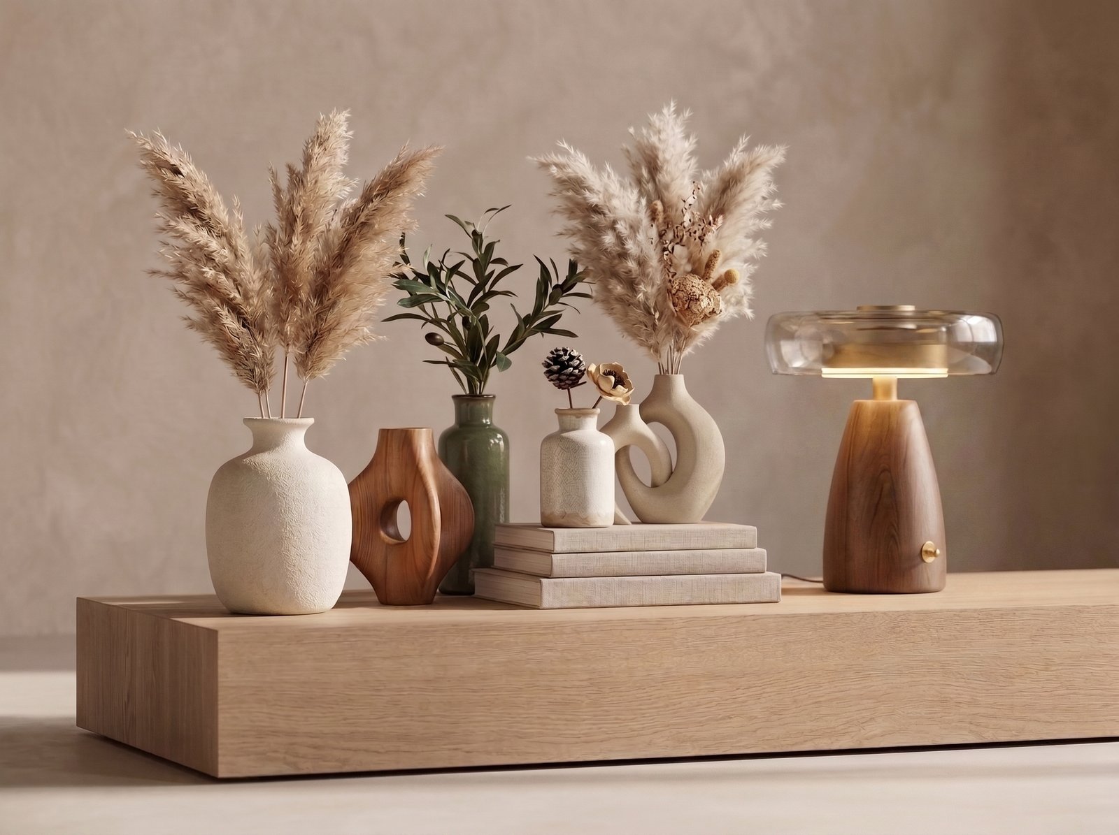 Neutral living room vignette with natural textures